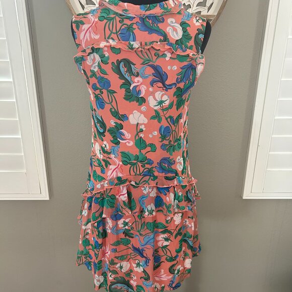 Saloni Shirt Dress Tilly 100% Silk Pink Floral Button Up Ruffle Sleeveless SZ4 - Picture 3 of 13